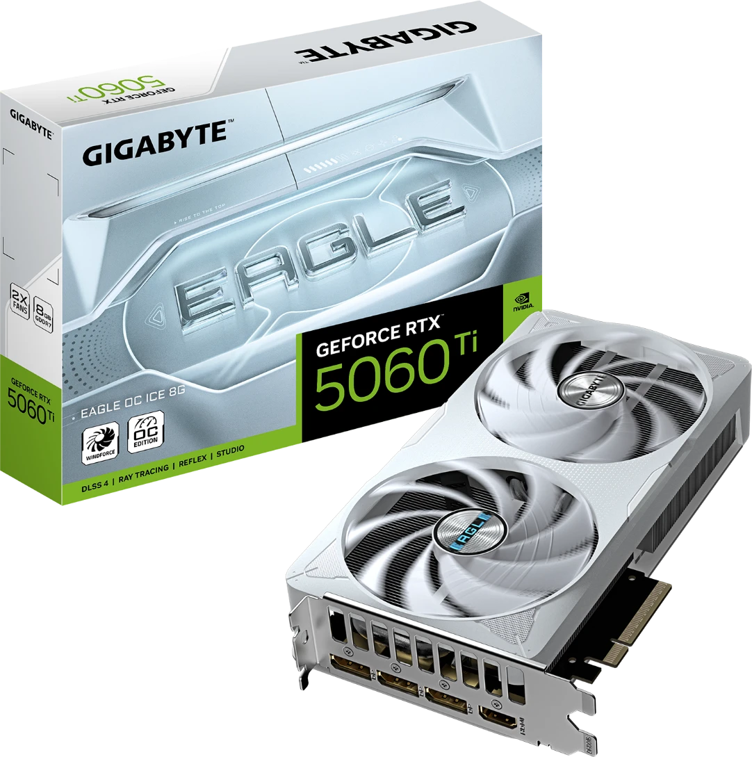 Видеокарта GIGABYTE GeForce RTX™ 5060 Ti EAGLE OC ICE 8G, 8Gb/128bit GDDR7, 1хHDMI+3xDP 2.1, PCIe5.0 — 2