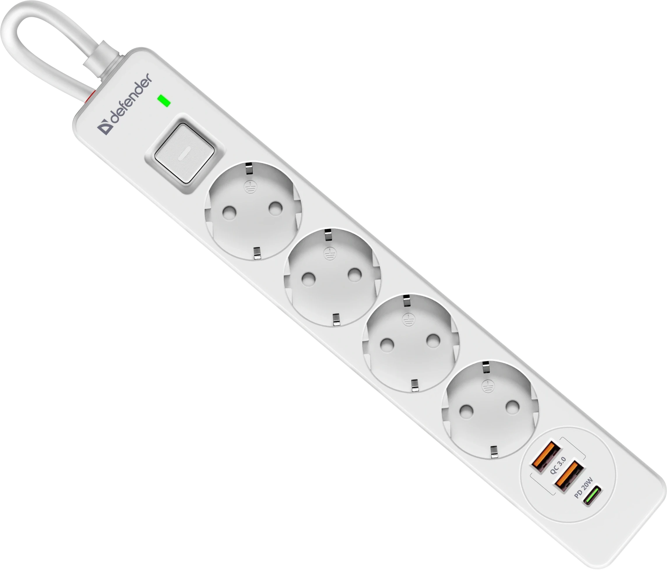 Сетевой фильтр Defender DFS-141, 4 розетки,1хUSB Type-C, 2хUSB, 1.5м, White