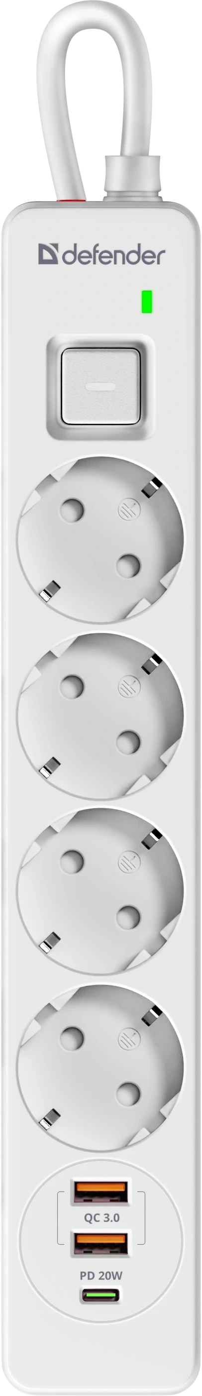 Сетевой фильтр Defender DFS-141, 4 розетки,1хUSB Type-C, 2хUSB, 1.5м, White — 2