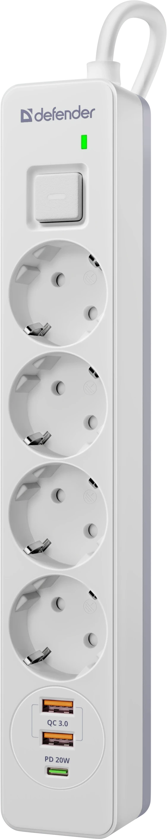 Сетевой фильтр Defender DFS-141, 4 розетки,1хUSB Type-C, 2хUSB, 1.5м, White — 3