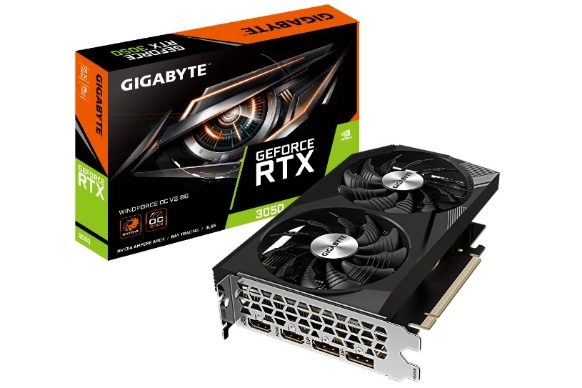 Видеокарта 8Gb PCI-E GDDR6 GIGABYTE GV-N3050WF2OCV2-8GD, 2xDP+2xHDMI, PCIe4.0, GeForce RTX 3050