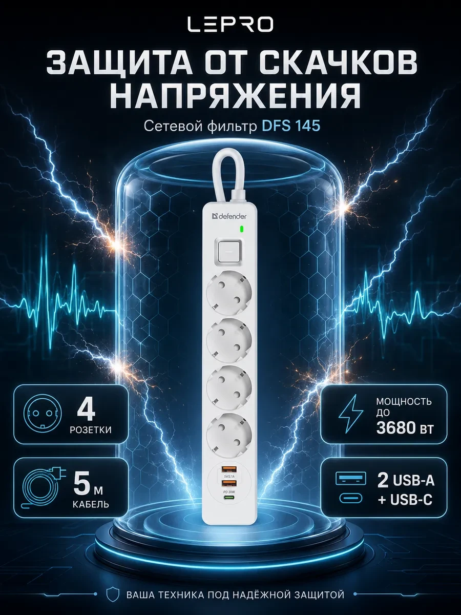 Сетевой фильтр Defender DFS 145 - 5,0 М, 4 розеток, 2xUSB, 1xType-C, белый