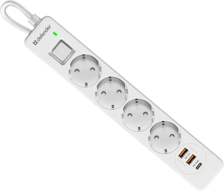 Сетевой фильтр Defender DFS 145 - 5,0 М, 4 розеток, 2xUSB, 1xType-C, белый — 2