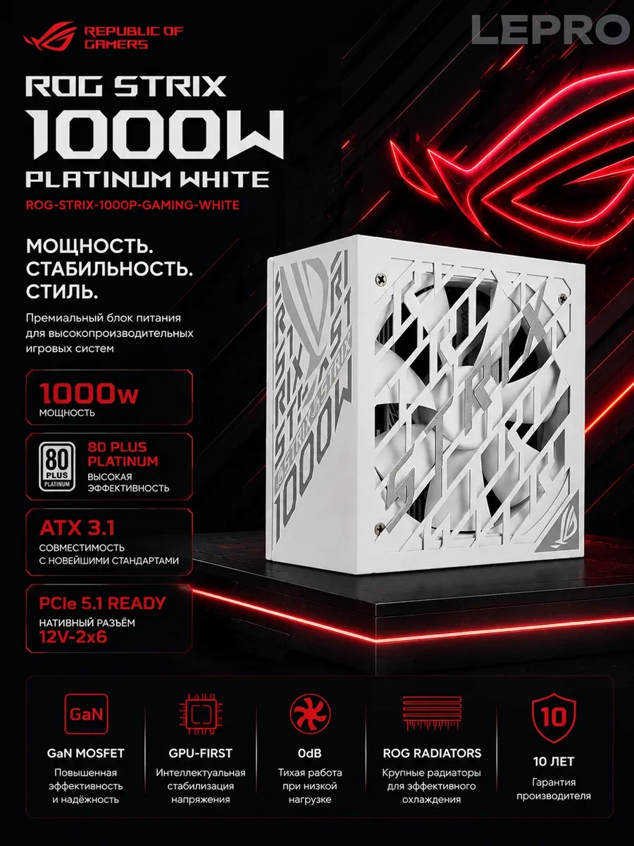 Блок питания ASUS ROG-STRIX-1000P-GAMING-WHITE, 1000W, 80Plus Platinum, Full Modular, RGB, WHITE, BOX — 2