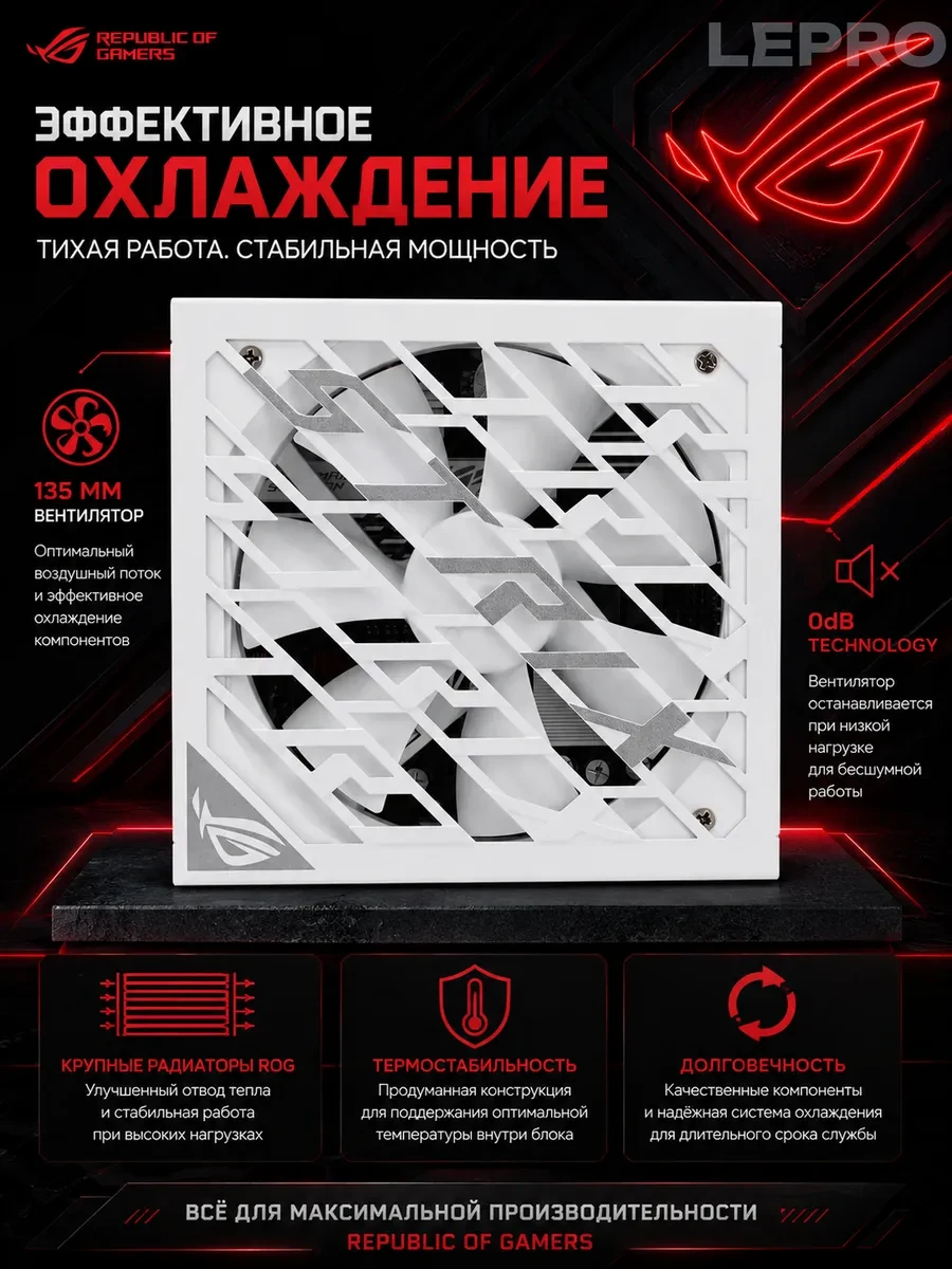 Блок питания ASUS ROG-STRIX-1000P-GAMING-WHITE, 1000W, 80Plus Platinum, Full Modular, RGB, WHITE, BOX — 3