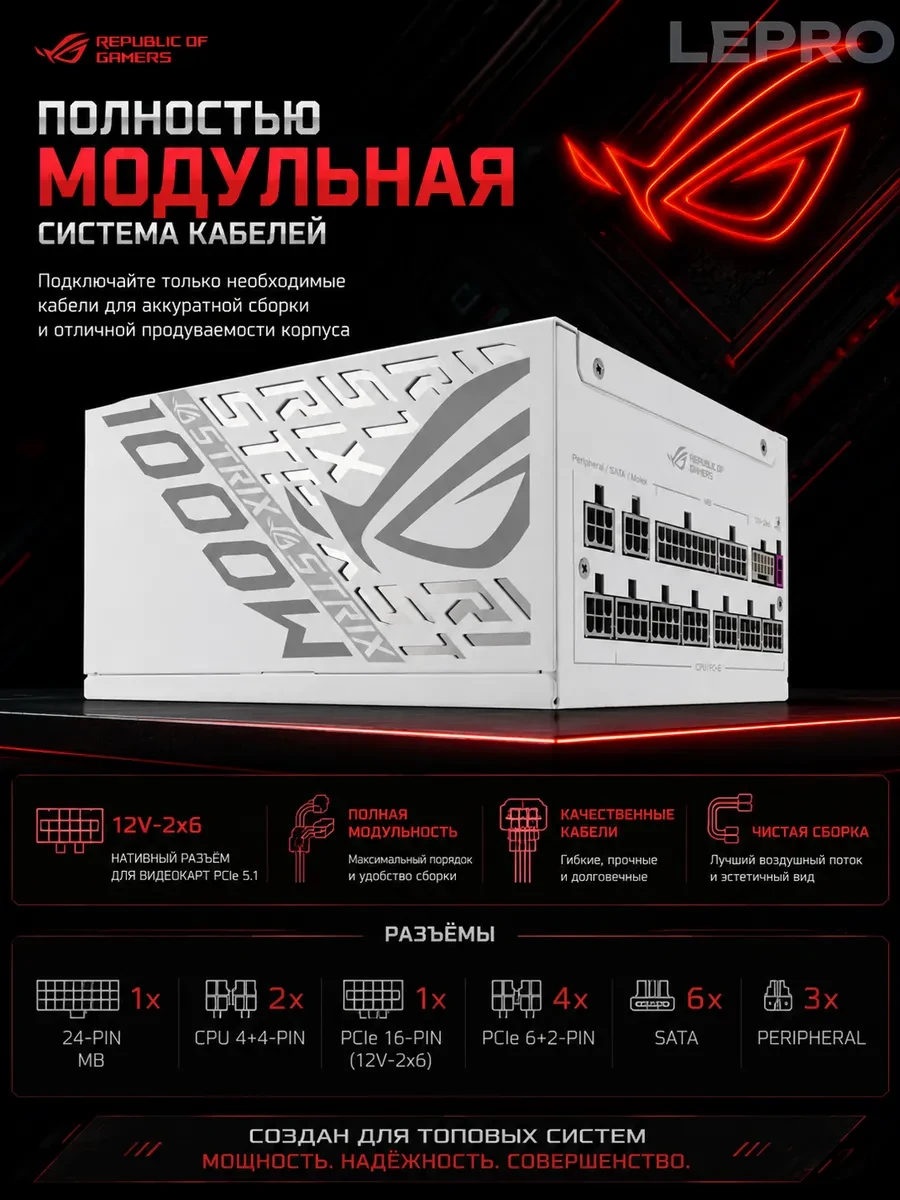Блок питания ASUS ROG-STRIX-1000P-GAMING-WHITE, 1000W, 80Plus Platinum, Full Modular, RGB, WHITE, BOX — 4