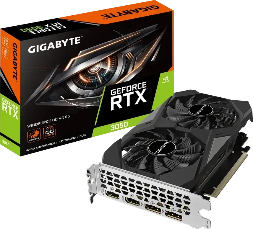 Видеокарта 6Gb PCI-E GDDR6 GIGABYTE GV-N3050WF2OCV2-6GD, 2xDP+2xHDMI, PCIe4.0, GeForce RTX 3050 — 3
