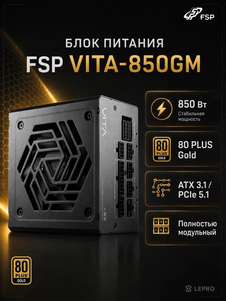 Блок питания FSP VITA-850GM, 850W, FULL MODULAR, ATX 12V 3.1, PCI 5.1, APFC, 80 PLUS GOLD, Reatil — 2