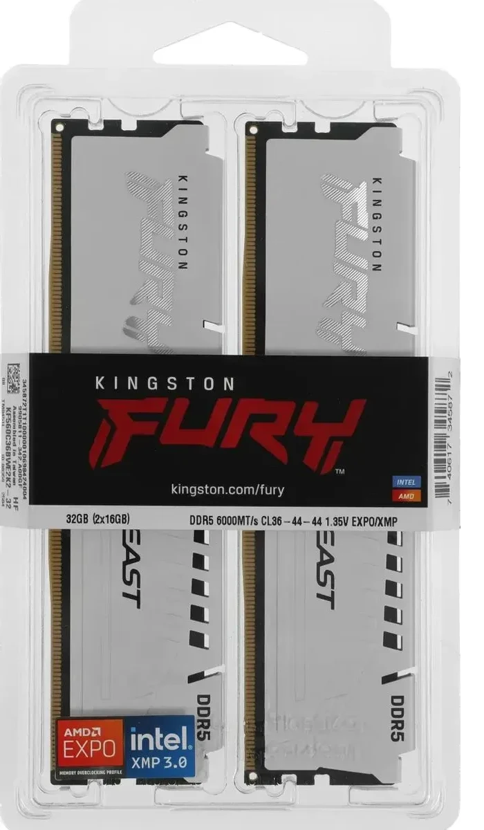 Оперативная память  32GB Kit (2x16) DDR5 6000MHz Kingston FURY Beast White EX CL36 KF560C36BWE2K2-32 — 3