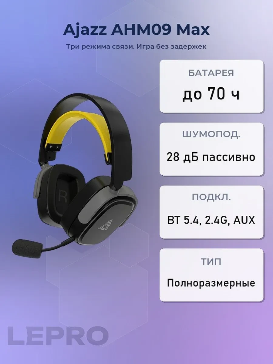 Bluetooth гарнитура Ajazz AHM09 Max, 20Hz-20kHz, 111dB, BT5.4, 2.4G, 1.2m, Black-Grey-Yellow