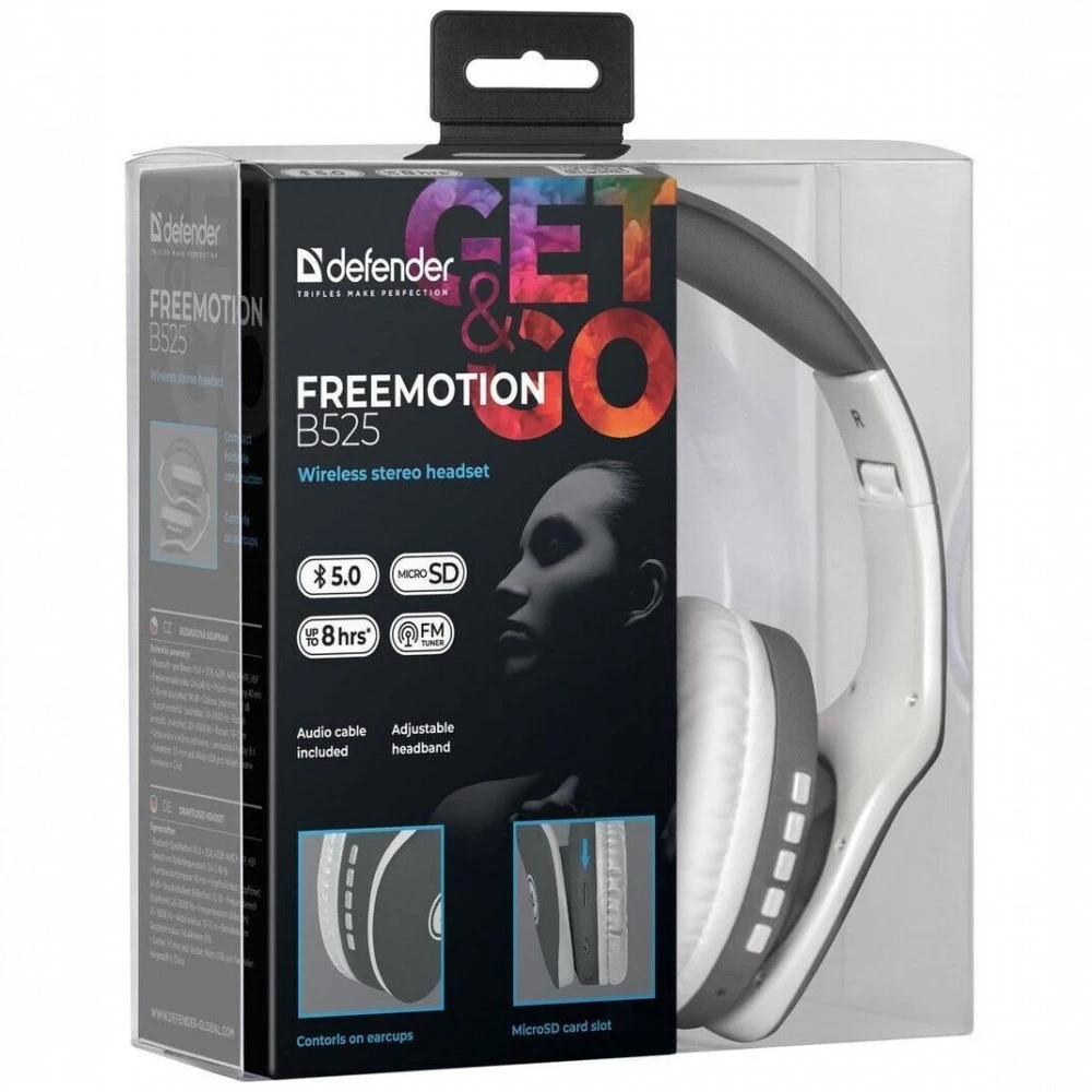 Bluetooth гарнитура Defender FreeMotion B525,20Hz-20kHz,94dB,MicroSD,FM,BT5.0+ EDR,0.7m,Silver-White — 5