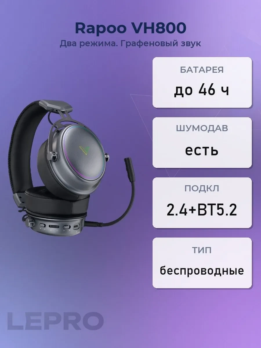 Bluetooth гарнитура Rapoo VH800, 20Hz-20kHz, 32 Om, 120dB, mic-42, BT5.2, 2.4GHz, Gray