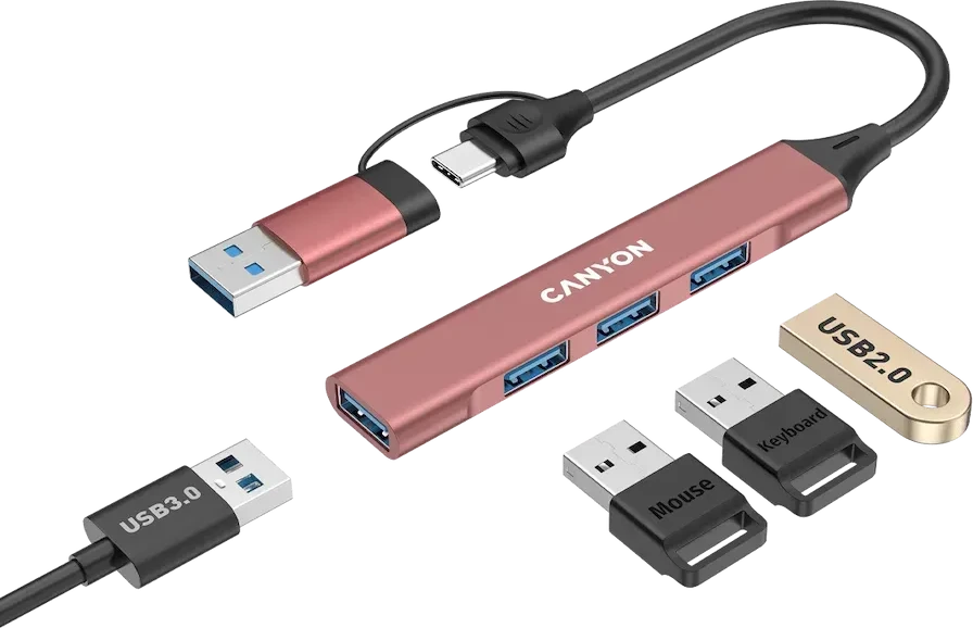 CANYON Hub DS-02, 4-in-1 USB-A/C, розовый — 2