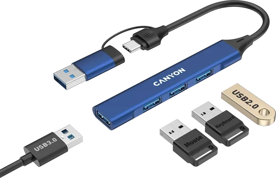 CANYON Hub DS-02, 4-in-1 USB-A/C, синий — 2