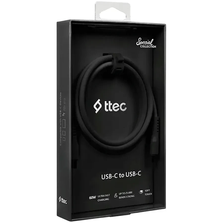 Кабель ttec USB-C 120см 60W PD/QC, черный — 3