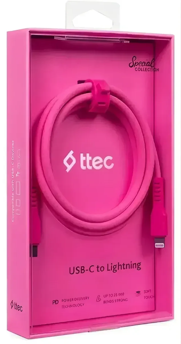 Кабель ttec USB-C - Lightning, 120см, неон розовый — 3
