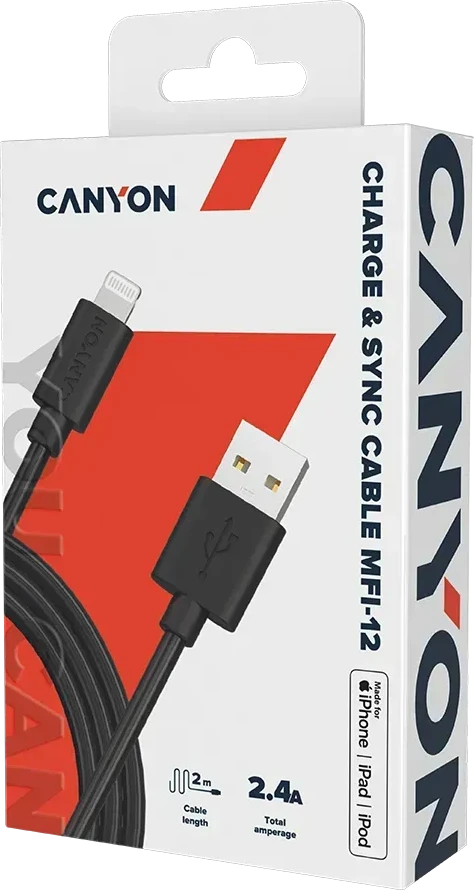 Кабель CANYON Lightning - USB-A MFi, 2м, чёрный — 3