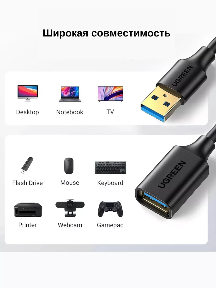 Кабель UGREEN USB 3.0, удлинитель, 1м, черный — 2