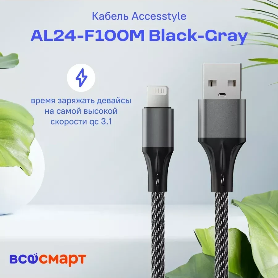 Кабель Accesstyle AL24-F100LED, чёрно-серый — 2