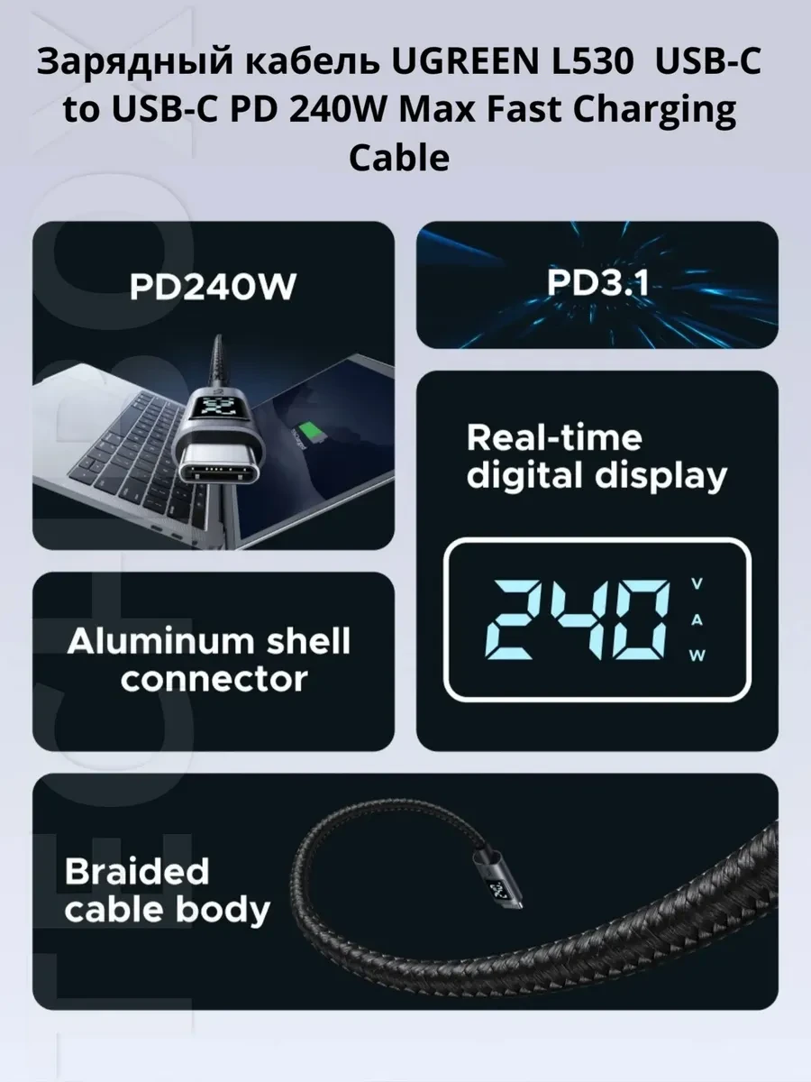 Зарядный кабель Ugreen L531, USB-C 240W, 3m — 4