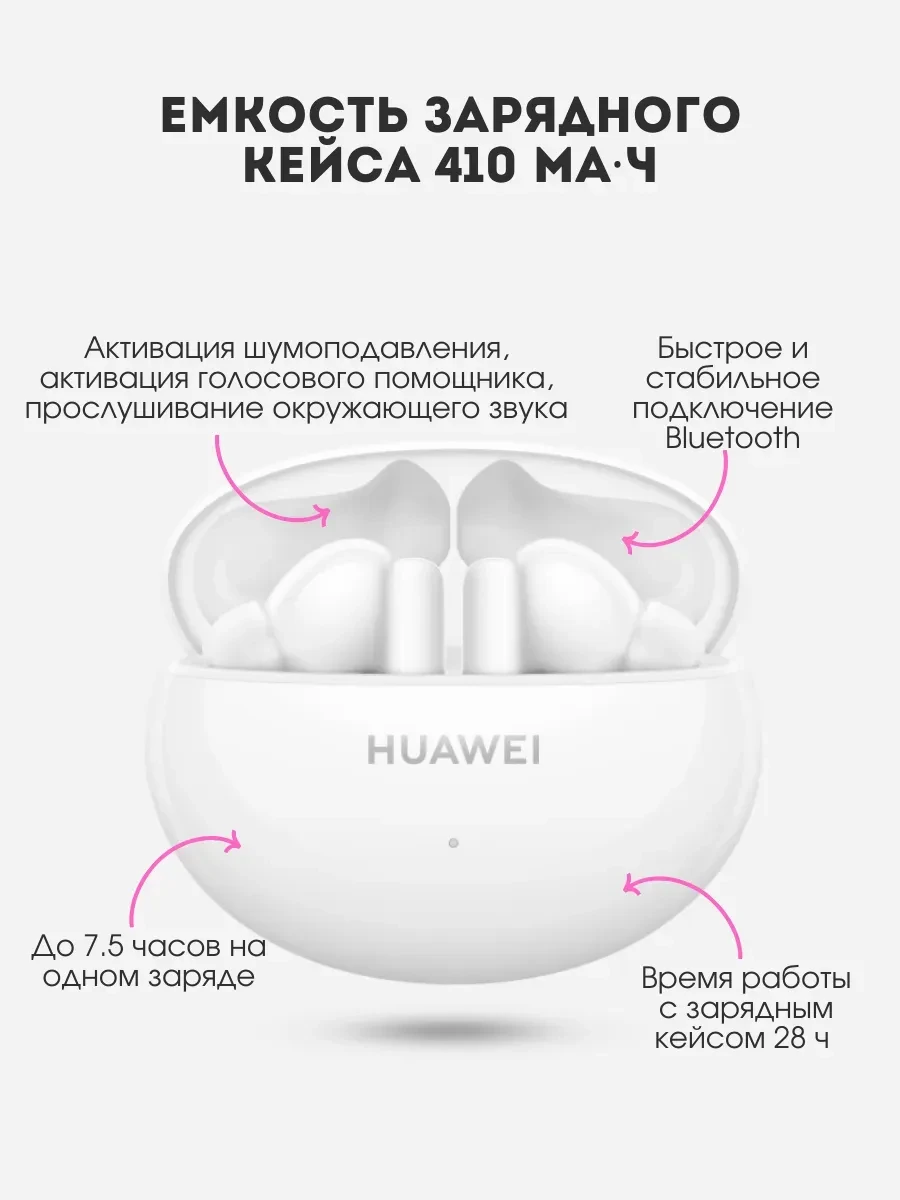 Наушники Huawei FreeBuds 5i, Bluetooth 5.2, Type-C, ANC, белые — 2