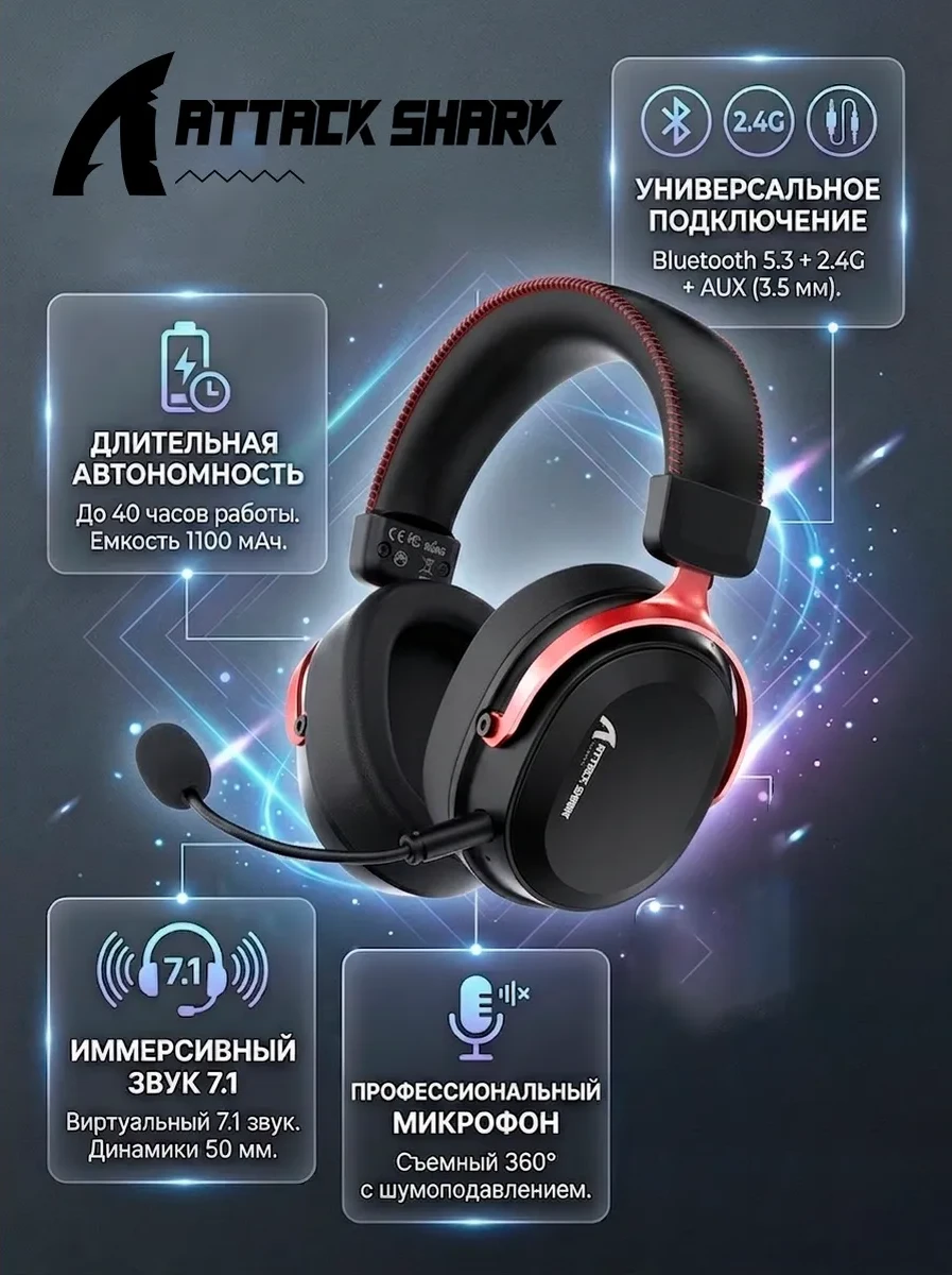 Игровые наушники Bluetooth headphone Attack Shark L30 PRO, BT/cable/USB-C, Black Red