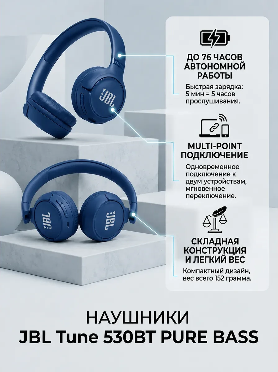 Беспроводные накладные наушники JBL Tune 530BT Pure Bass multipoint синие