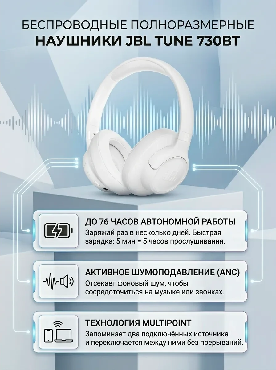 Беспроводные полноразмерные наушники JBL Tune 730BT белые