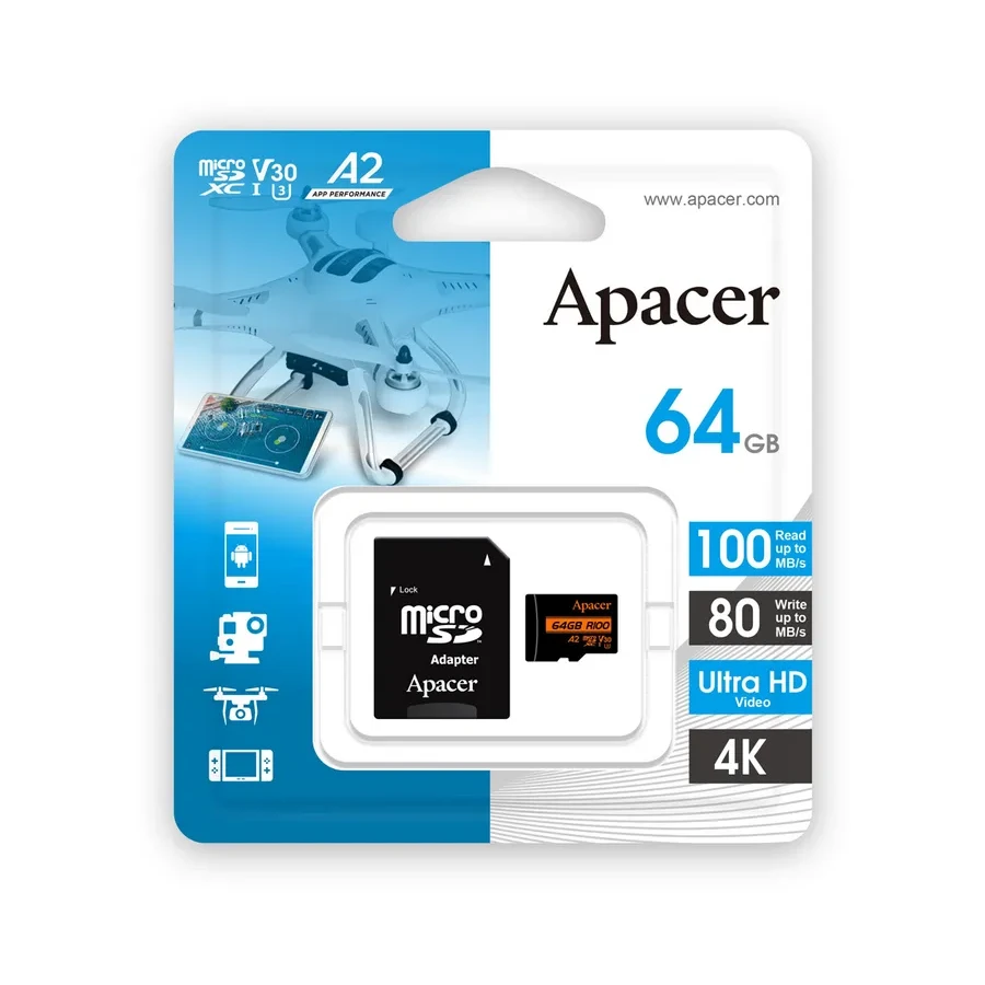 Карта памяти Apacer microSDXC 64GB, UHS-I U3 V30 A2, с адаптером SD — 3