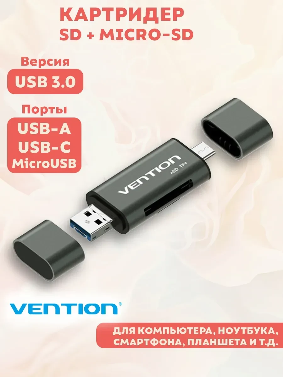 Картридер Vention CCHH0 USB-C/USB SD/TF