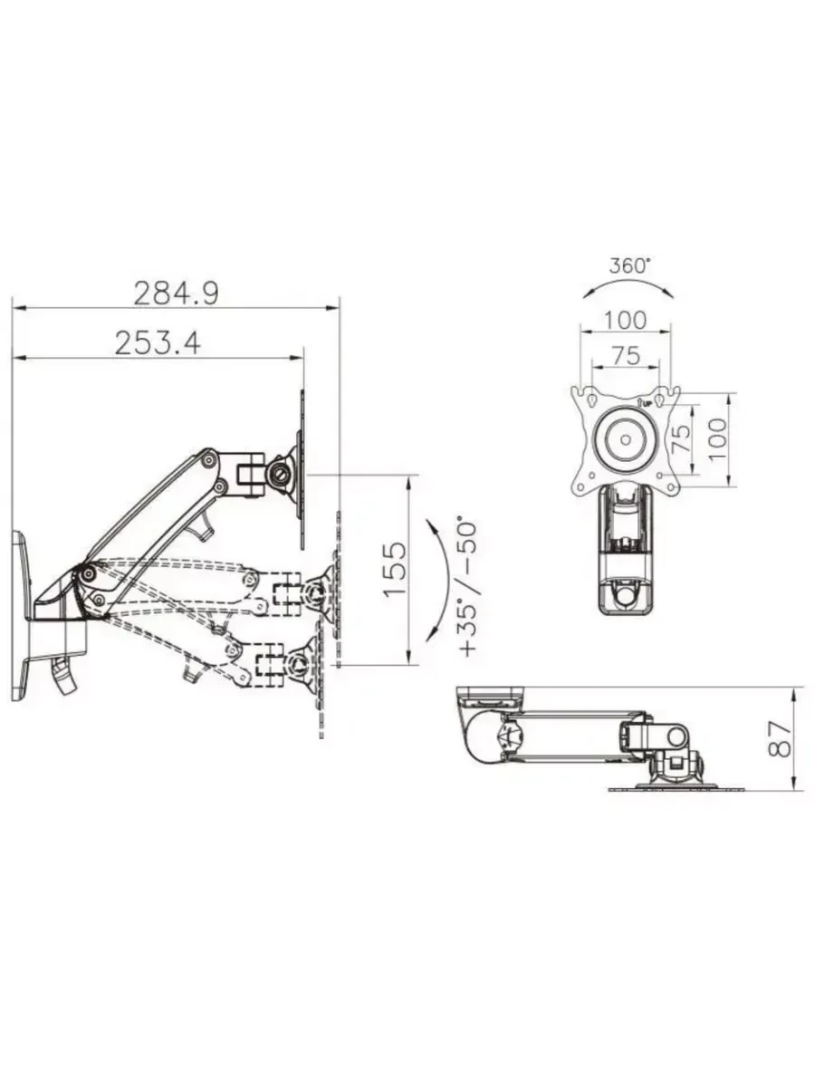 Крепление настенное NB F120 (black) с газлифтом для дисплеев 17"-27", 2-7кг, VESA: 75-100, черное — 5
