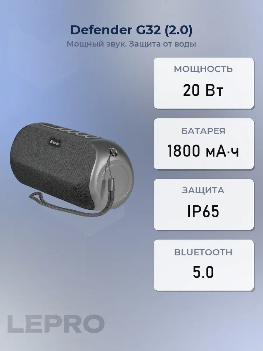 Колонки Defender G32 (2.0), Black, 20Вт RMS, USB, AUX, microSD, FM, BT