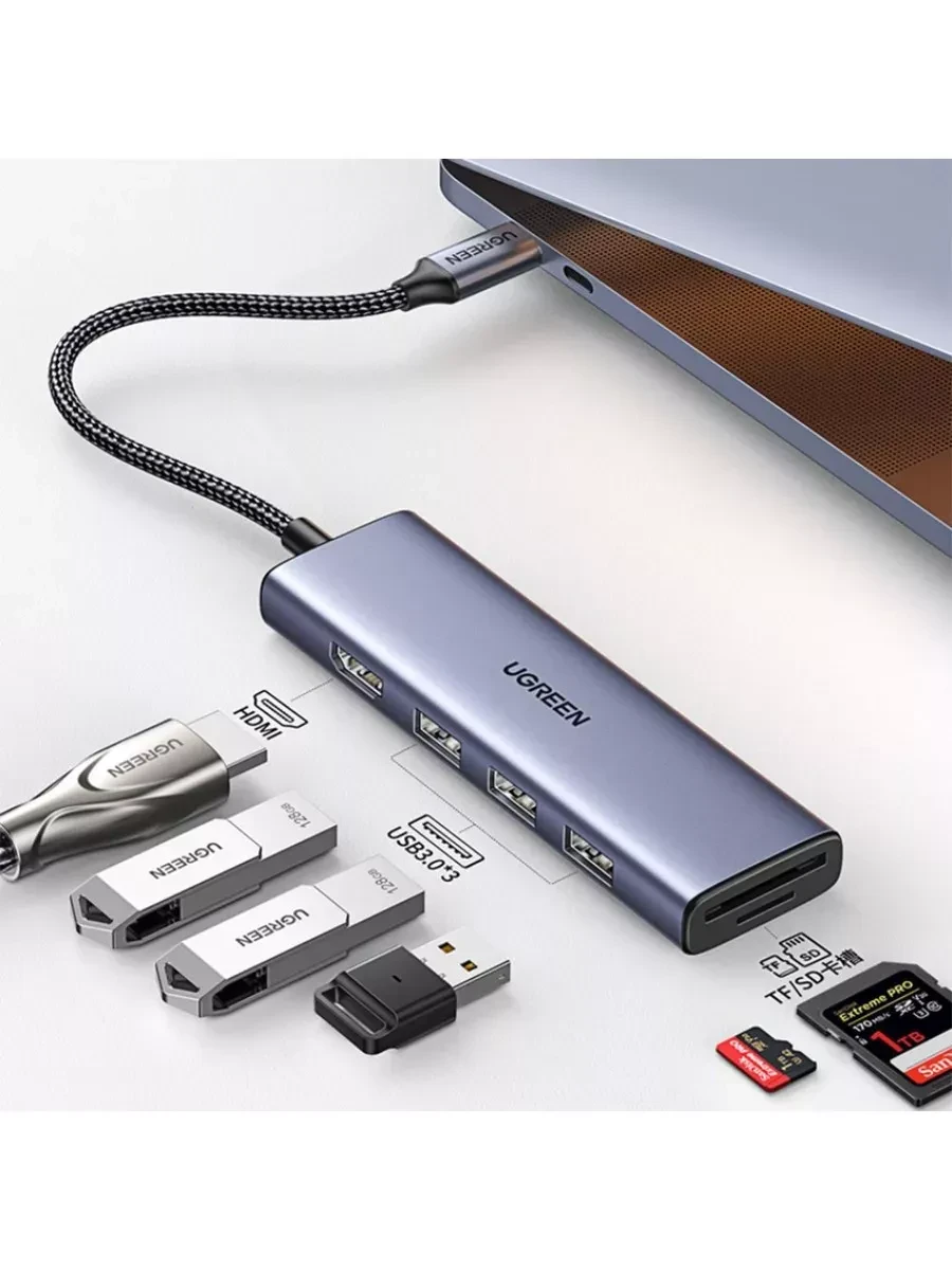 Адаптер Ugreen CM511, Type-C to HDMI+USB 3.0x3 — 3