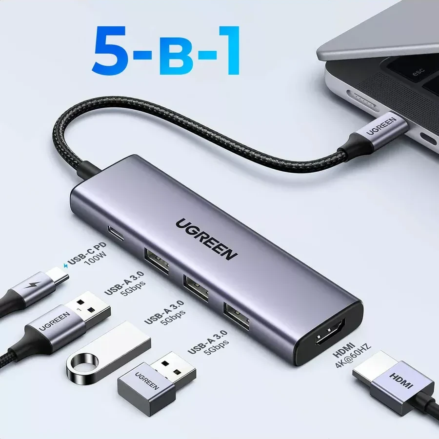 Конвертер Ugreen CM511, USB-C to HDMI+3xUSB 3.0 — 3