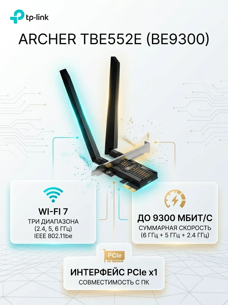 Сетевой адаптер беспроводной PCIe BE9300 Tp-Link Archer TBE552E Bluetooth 5.4 Wi-Fi 7