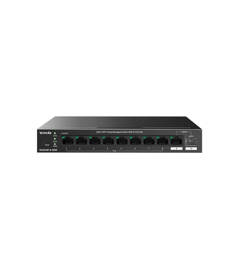 PoE-коммутатор с облачным управлением 9GE+1SFP Tenda TEG2210P-8-120W с 16-Port PoE черный