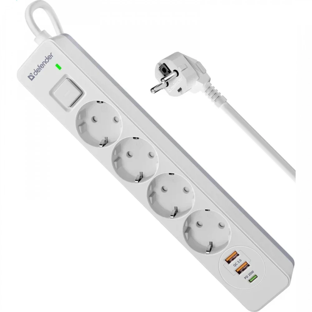 Сетевой фильтр Defender DFS 141 - 1,5 М, 4 розеток, 2xUSB, 1xType-C, белый
