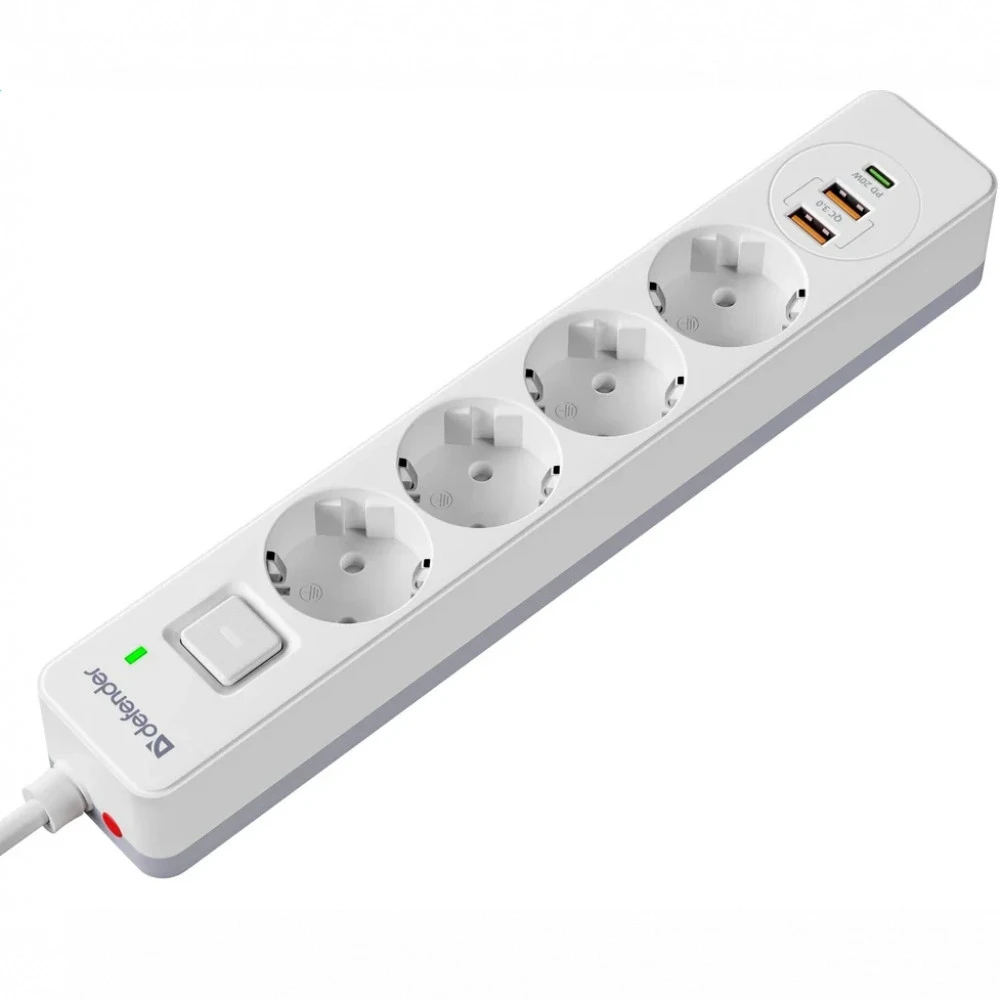 Сетевой фильтр Defender DFS 143 - 3,0 М, 4 розеток, 2xUSB, 1xType-C, белый — 2