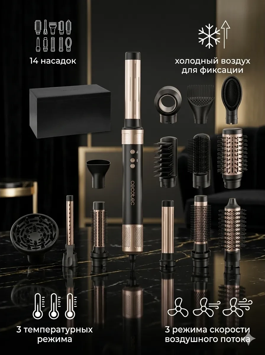Стайлер Cecotec Bamba CeramicCare AirGlam Champagne (14в1) черный