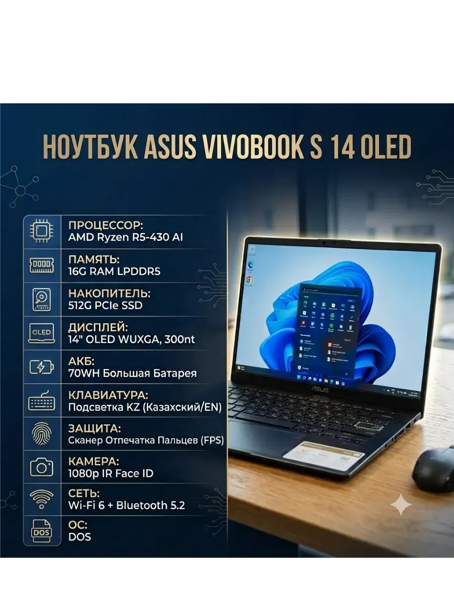 Ноутбук ASUS PM5406CGA-SF0147/AI R5-430/16G/512G PCIE/ OLED WUXGA 300nt/70WH/Wi-Fi 6/DOS/1yw/Bl kbd KZ/FPS/1080p IR, AMD Ryzen AI 5 430, 16 ГБ, 512 ГБ, 14"