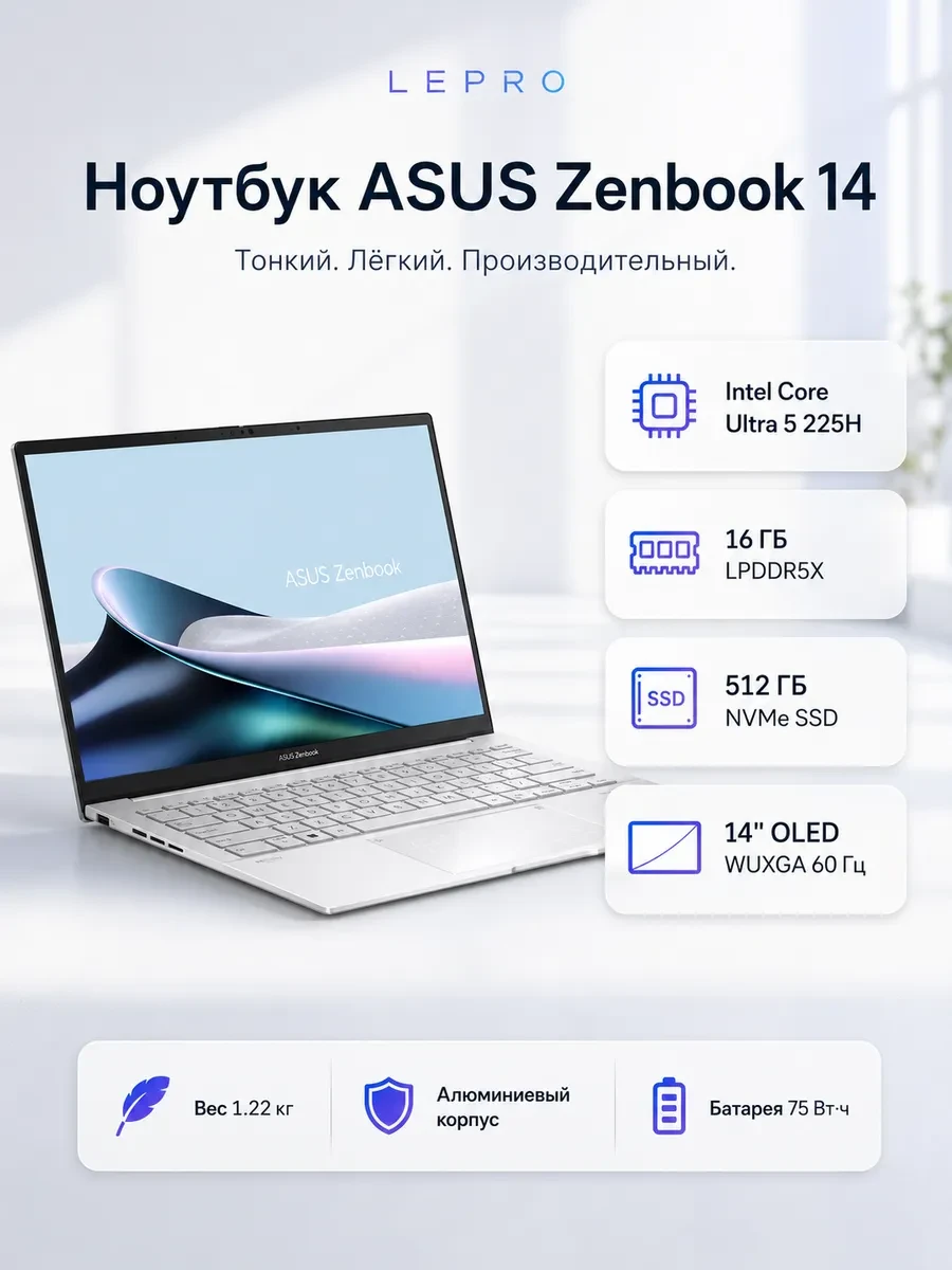 Ноутбук ASUS Zenbook UX3405CA-QD1704W FHD+ 60Hz Core Ultra 5 225H Win11, Intel Core Ultra 5 225H, 16 ГБ, 512 ГБ, 14"