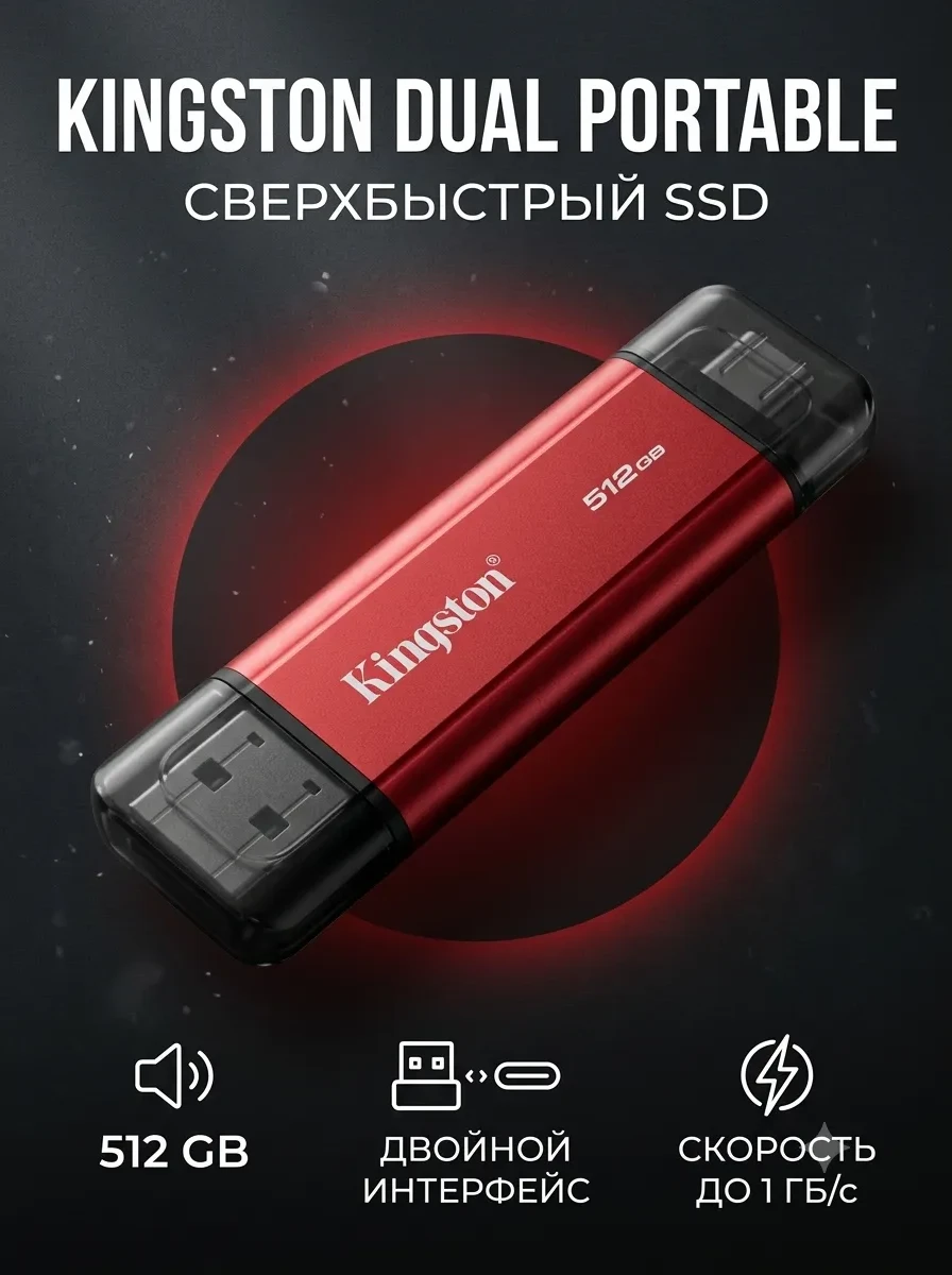 Внешний накопитель SSD Kingston Dual Portable, 512GB, Red — 2