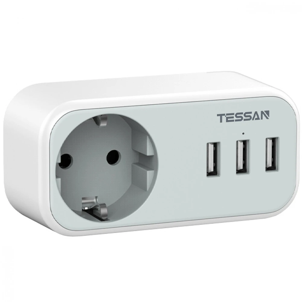 Сетевой фильтр Tessan TS-329, 1 розетка, 3хUSB, Grey