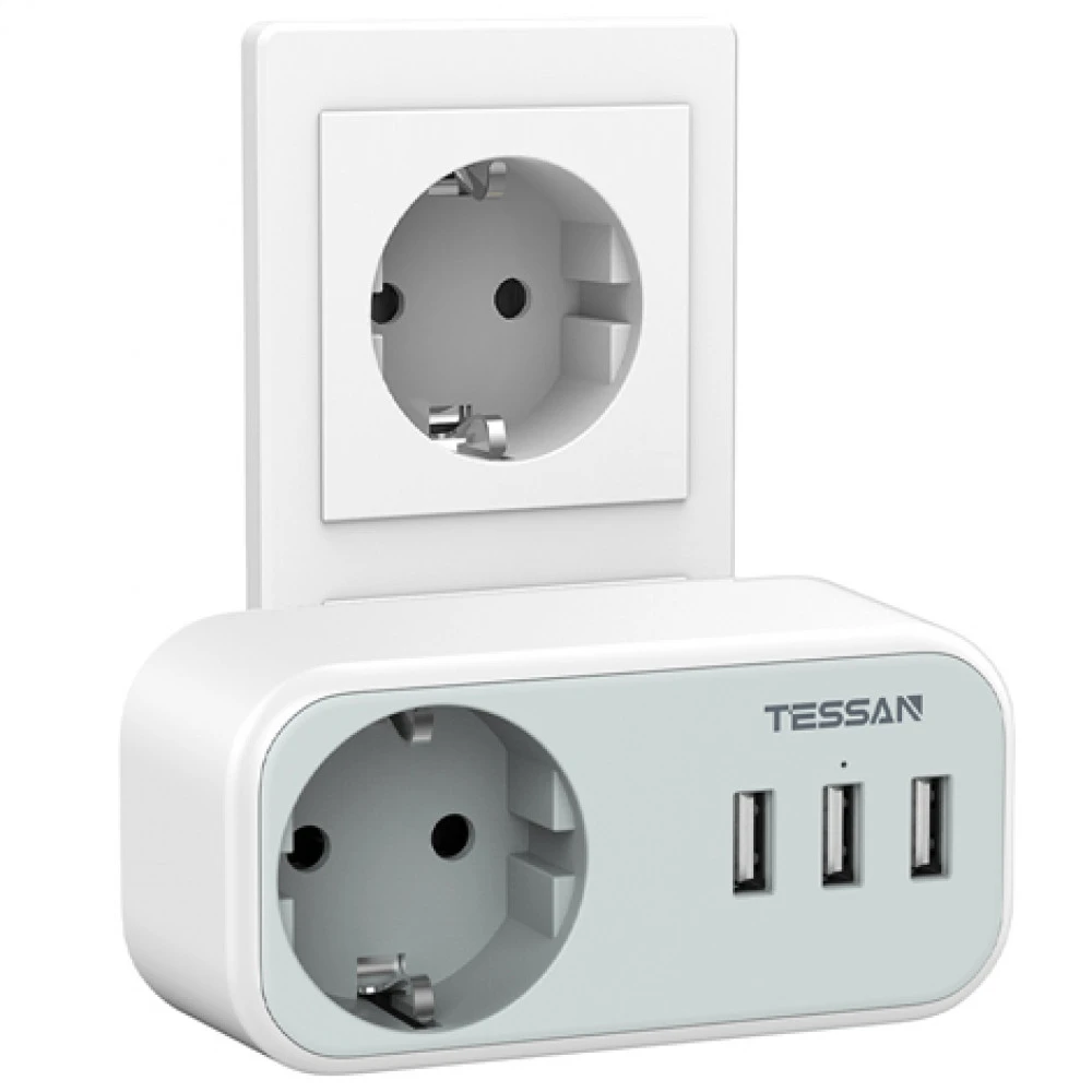 Сетевой фильтр Tessan TS-329, 1 розетка, 3хUSB, Grey — 2