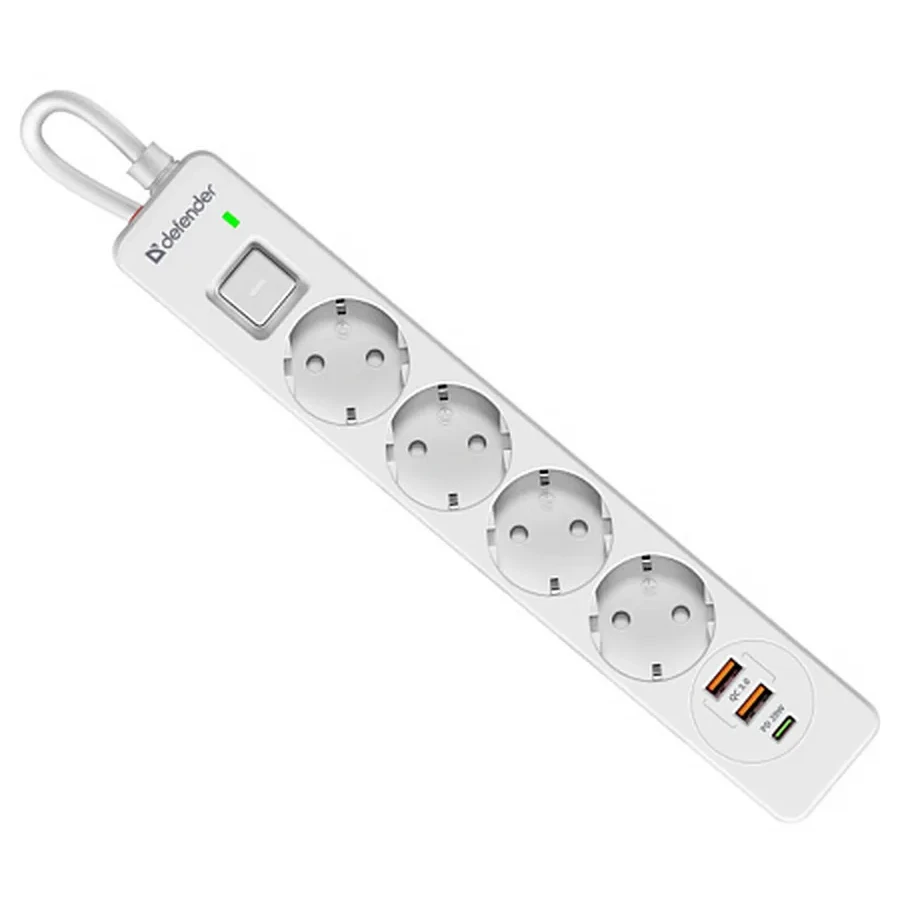 Сетевой фильтр Defender DFS-145, 4 розетки, 1хUSB Type-C, 2xUSB, 5 м, White