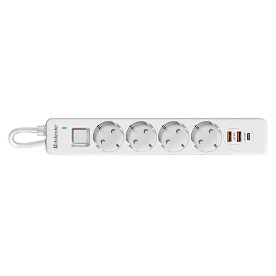 Сетевой фильтр Defender DFS-145, 4 розетки, 1хUSB Type-C, 2xUSB, 5 м, White — 2