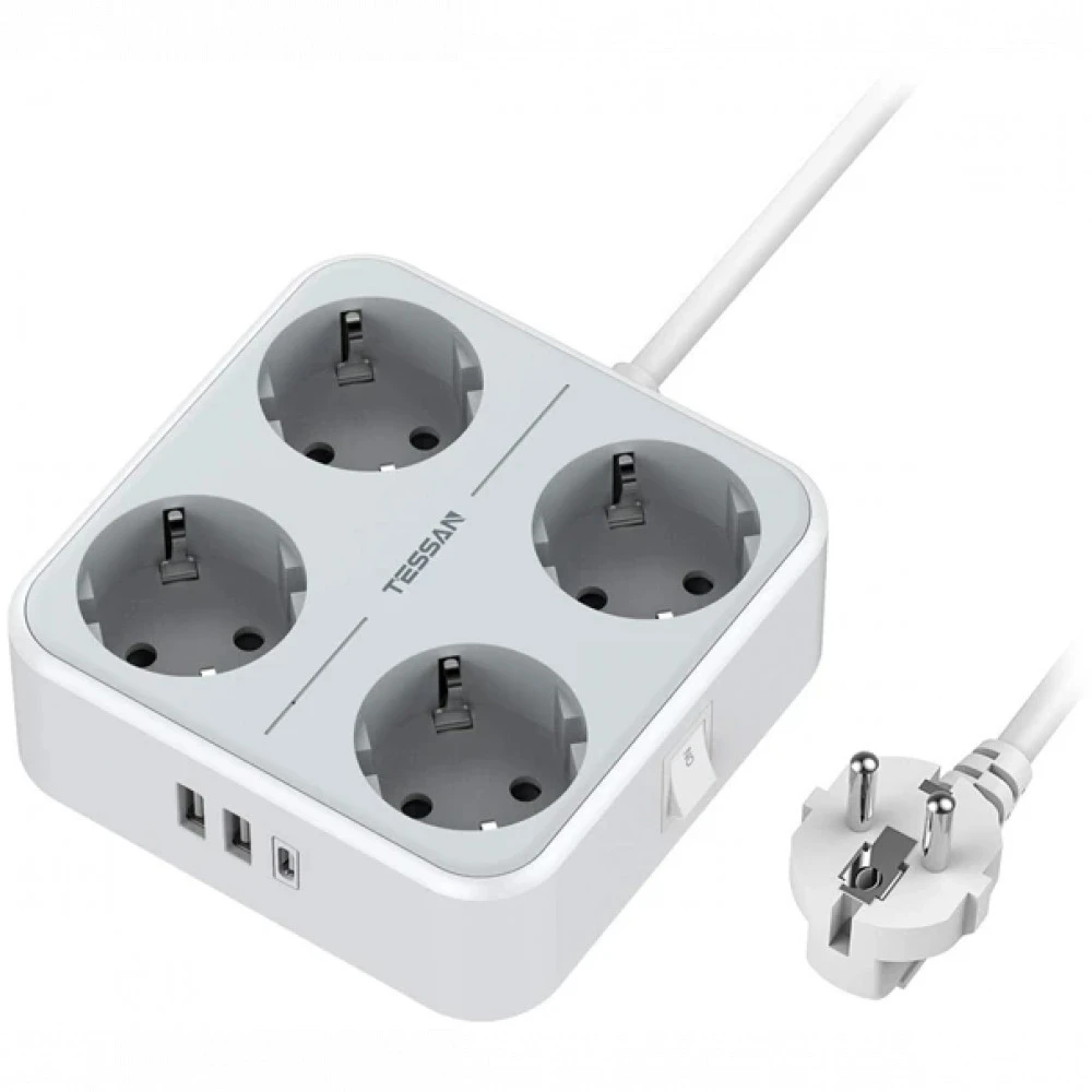 Сетевой фильтр Tessan TS-302-C, 4 розетки, 2хUSB, USB Type-C, 2м, Grey
