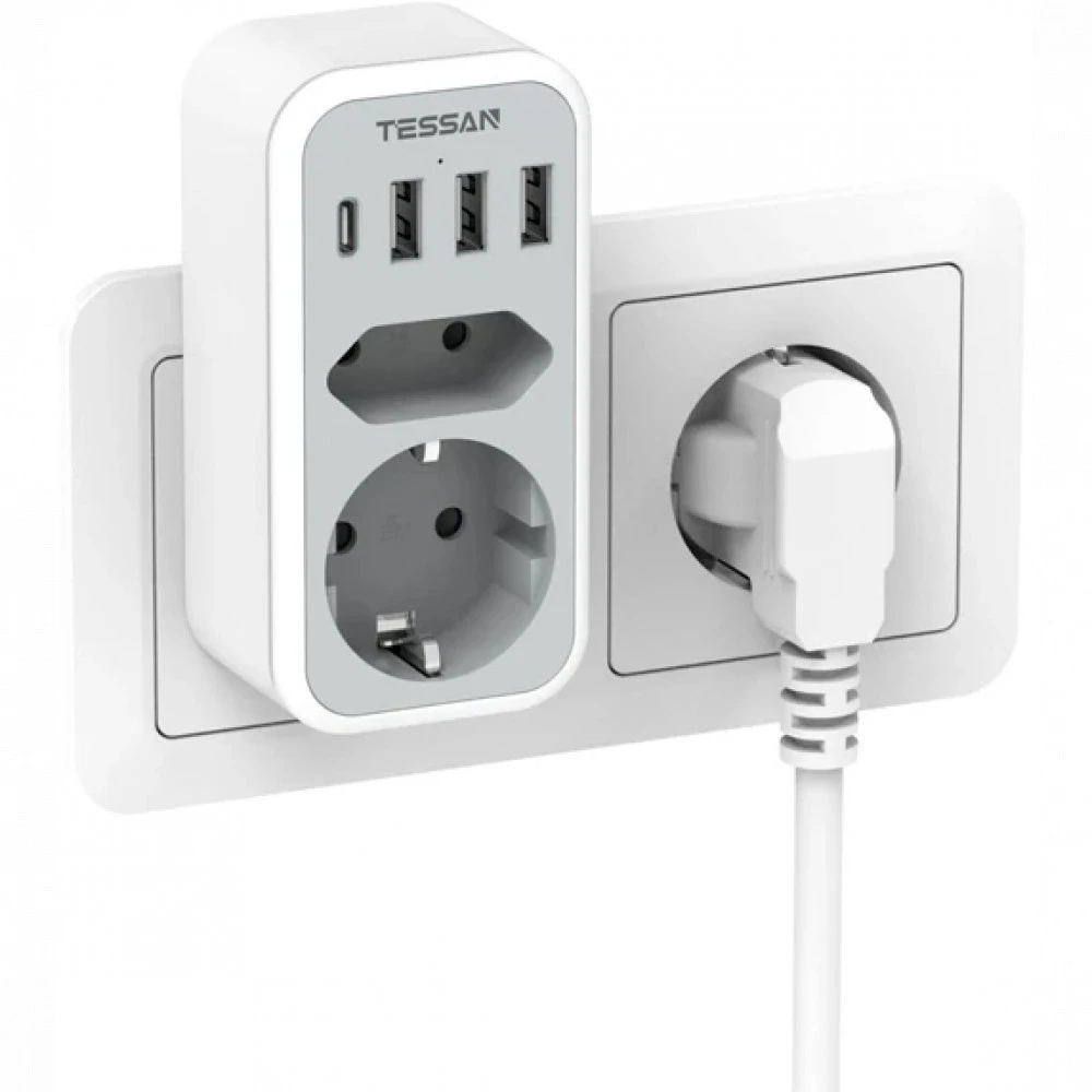 Сетевой фильтр Tessan TS-328, 2 розетка, Type-C, 3хUSB, Grey — 2