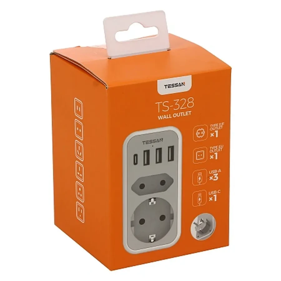 Сетевой фильтр Tessan TS-328, 2 розетка, Type-C, 3хUSB, Grey