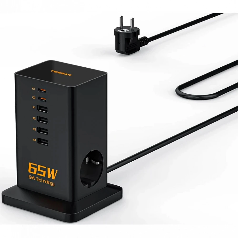 Сетевой фильтр Tessan TS-FS02DE00, 2 розетки, 4хUSB, 2хUSB Type-C, Black